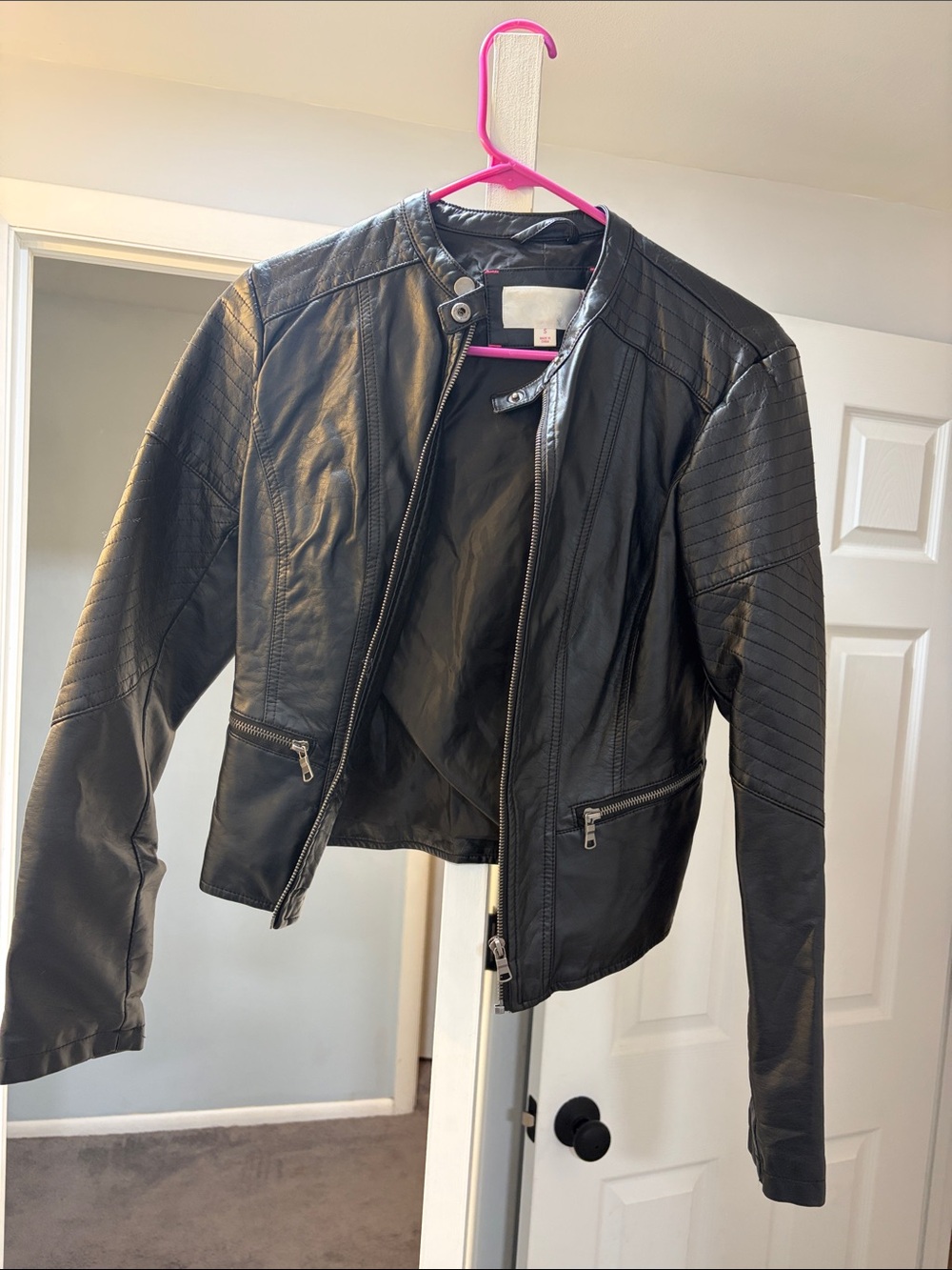 Xhilaration Black Faux Leather Moto Jacket with Quilted Sleeves
